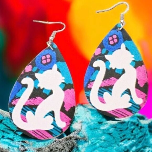Colorful Cat Design Wood Teardrop Earrings - Picture 5 of 5